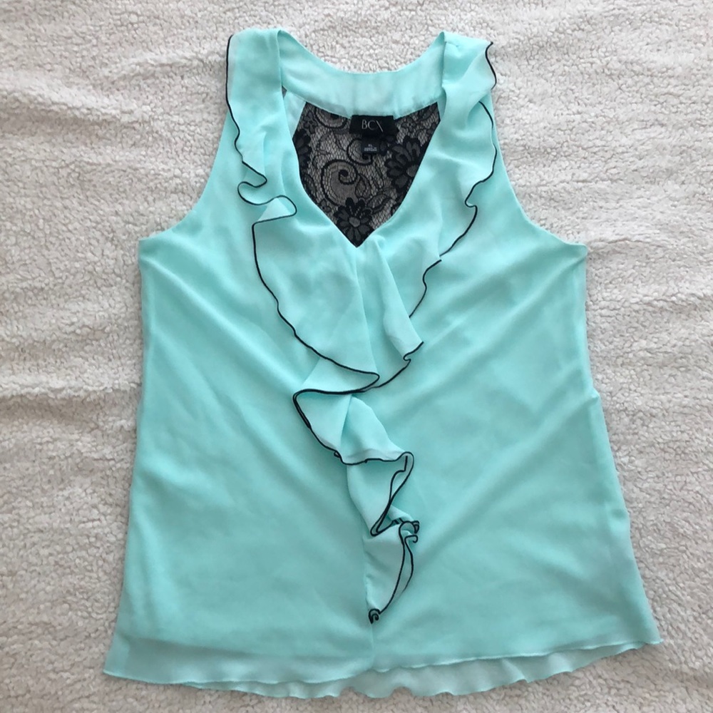 Light turquoise sleeveless top with black lace